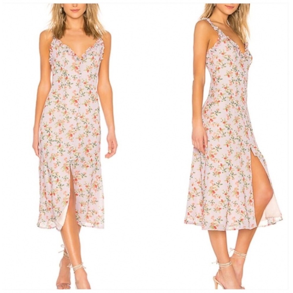 LOVERS + FRIENDS Sun Room Midi in Lilac Floral Button Front Ruffle Size XS - Picture 1 of 7